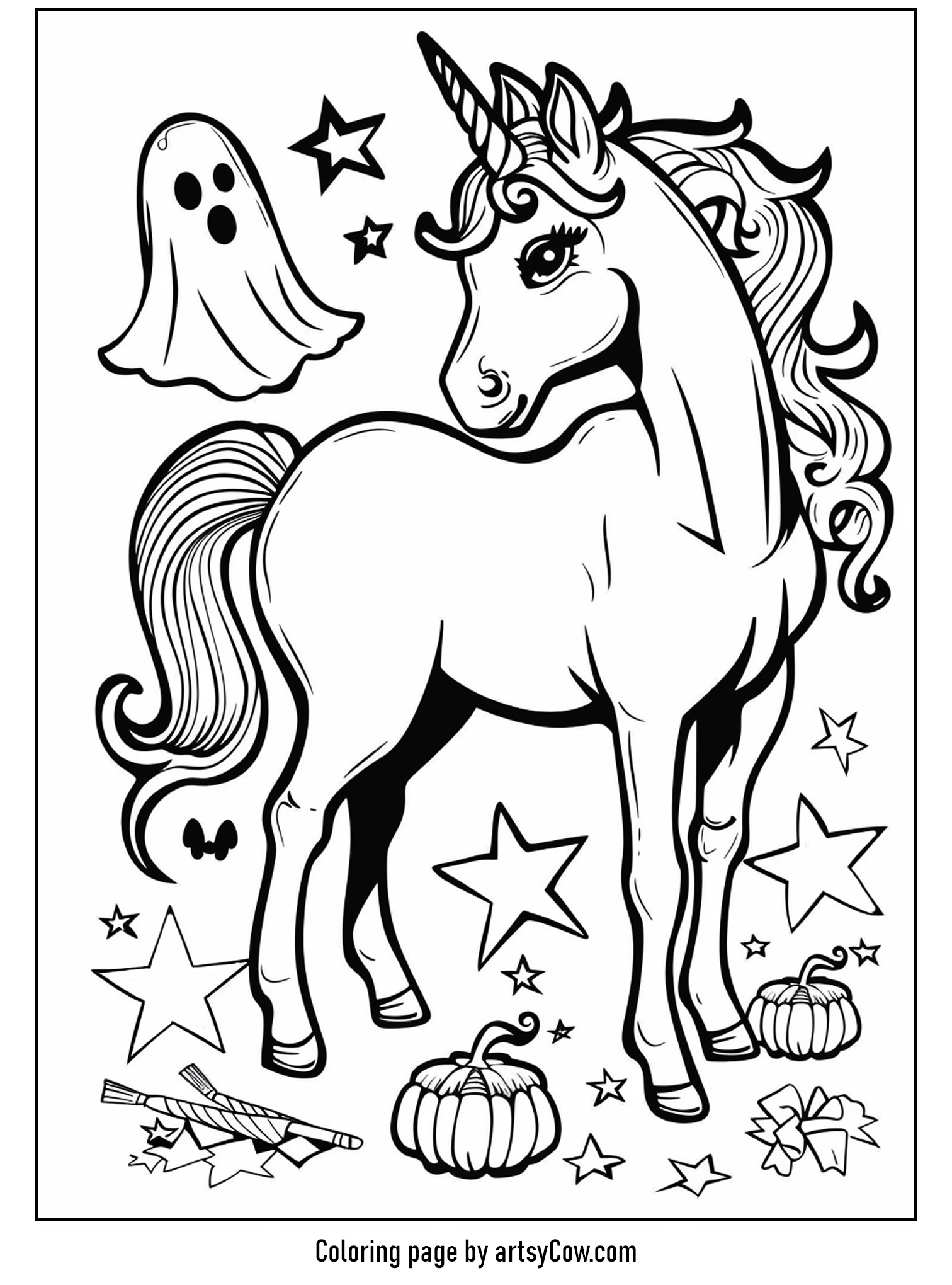 halloween coloring pages with unicorn. A majestic unicorn accompanied by a friendly ghost, amidst stars and pumpkins offers a delightful scene for coloring.